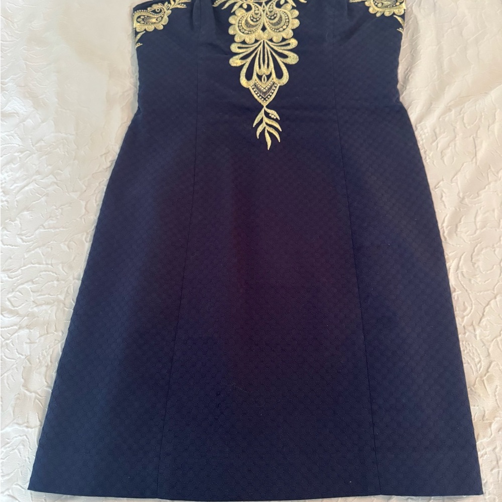Lilly Pulitzer Strapless Navy Dress with Gold Detail